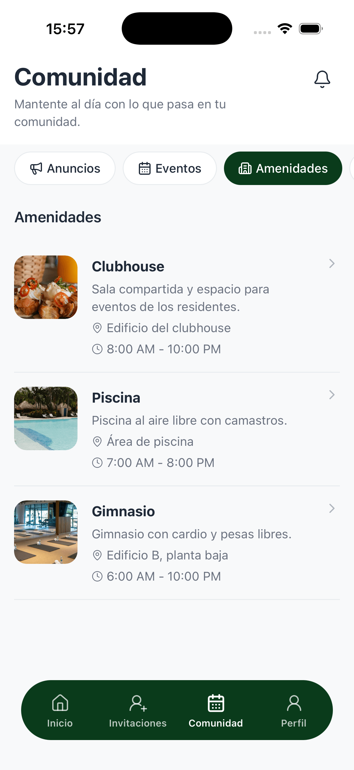 Pantalla de la app de residentes con reservas de amenidades