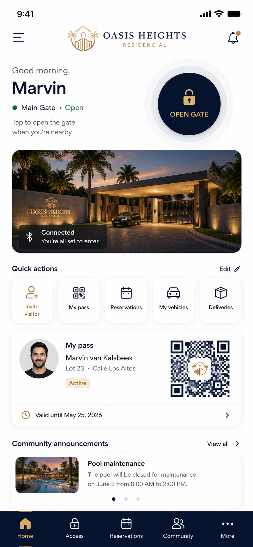 Pantalla principal de la app Oasis Heights Residencial