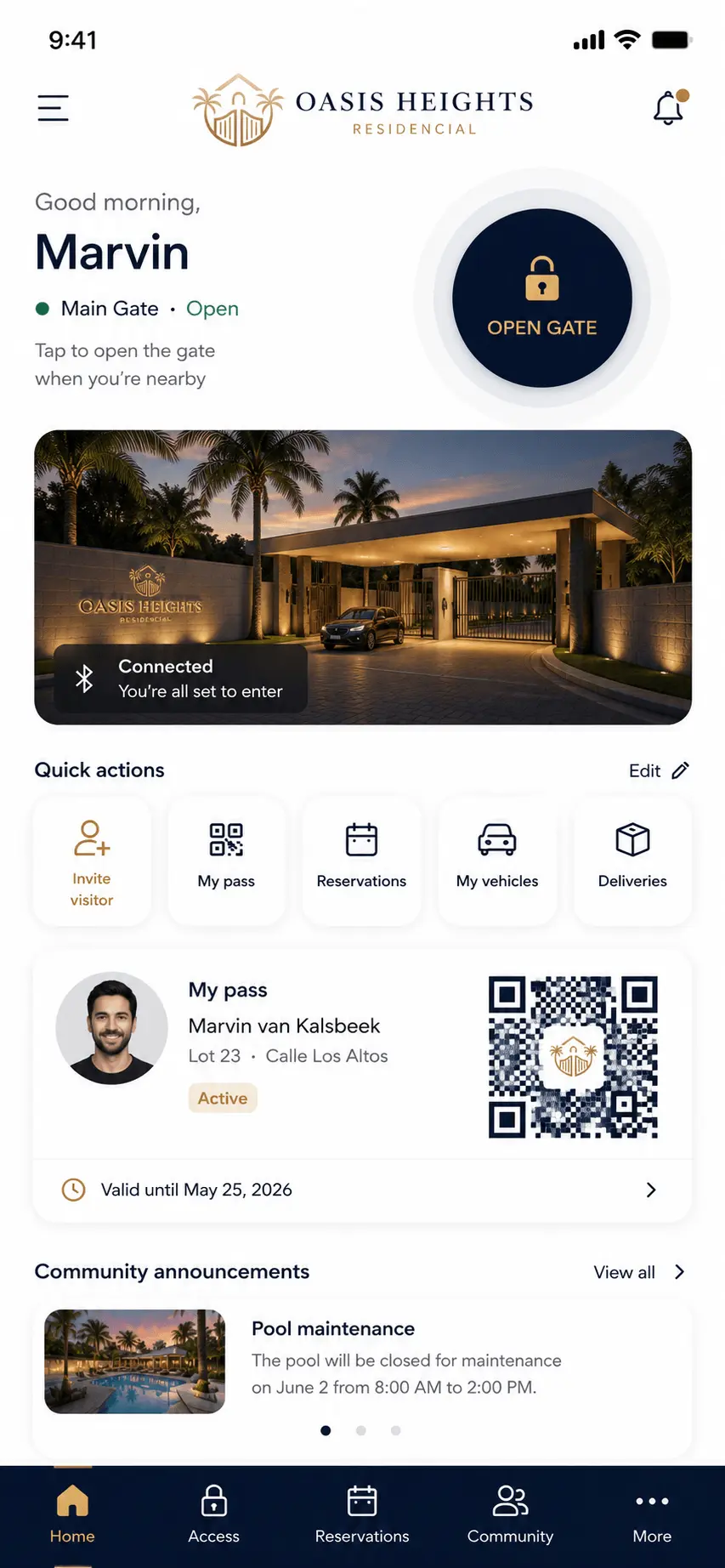Pantalla principal de la app Oasis Heights Residencial