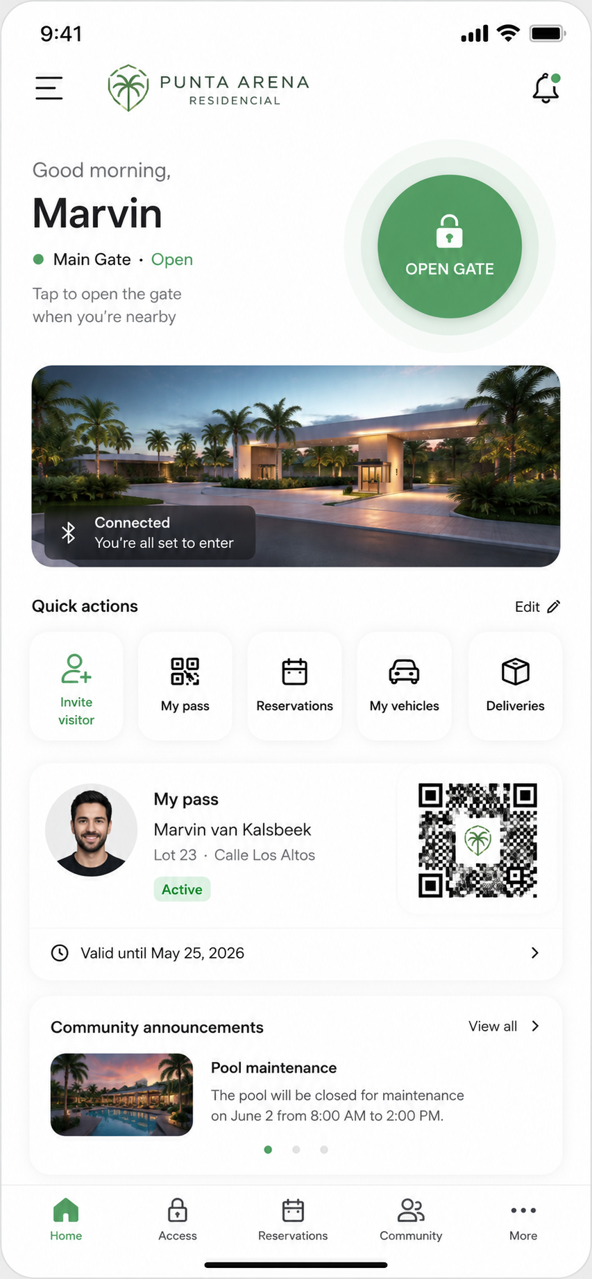 Pantalla principal de la app Punta Area Residencial
