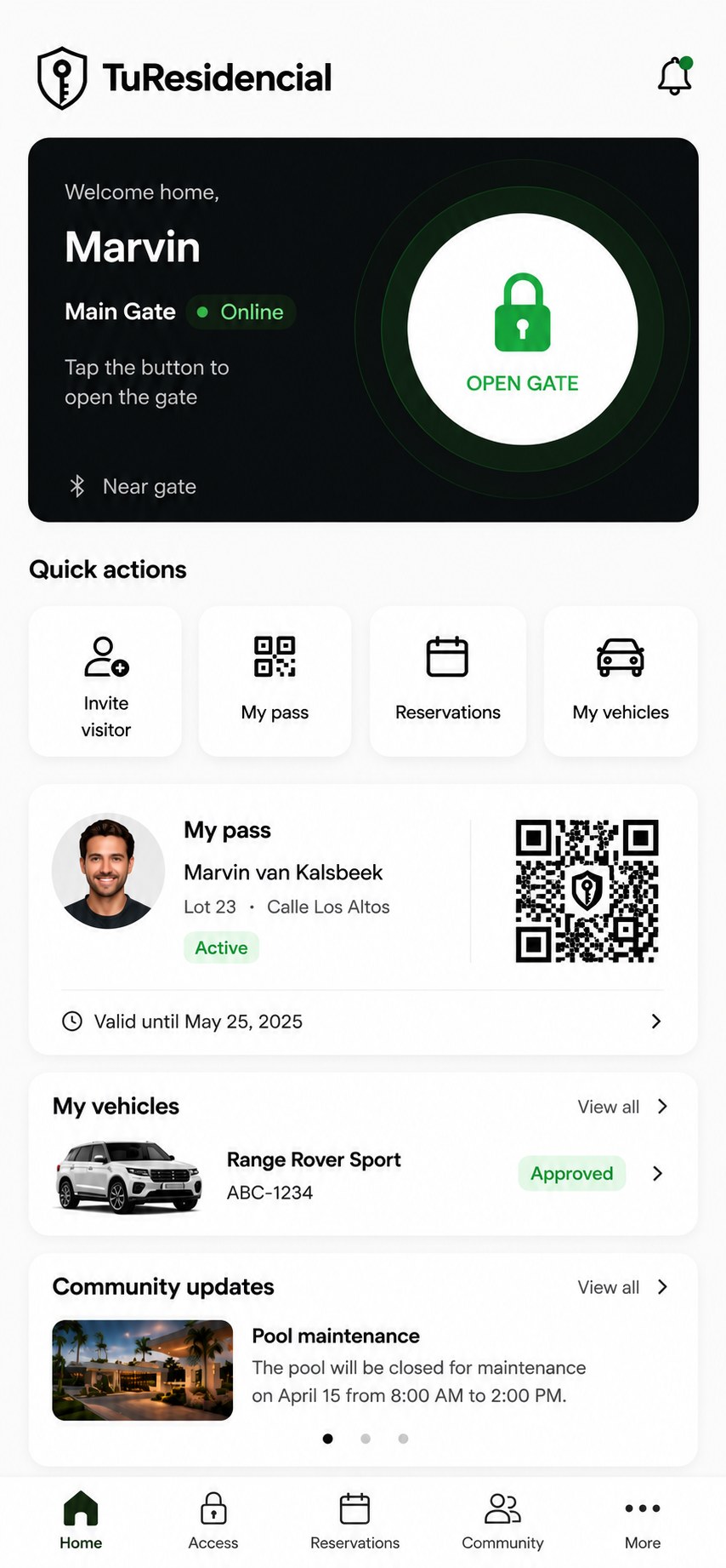 Pantalla principal de la app: abrir el portón, invitar visitantes, pase QR y novedades de la comunidad